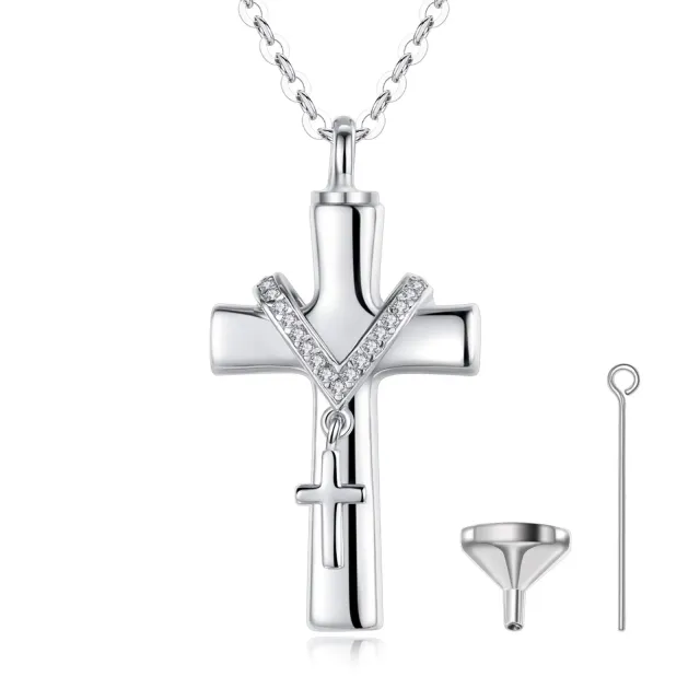Sterling Silver Cubic Zirconia Cross Urn Necklace for Ashes-0