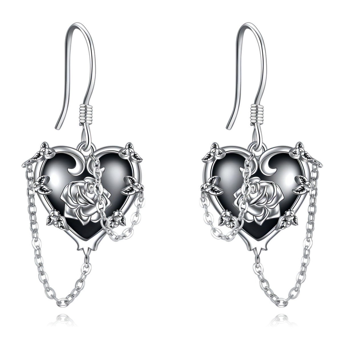 Sterling Silver Two-tone Zircon Rose & Cross & Heart & Skull Drop Earrings-1