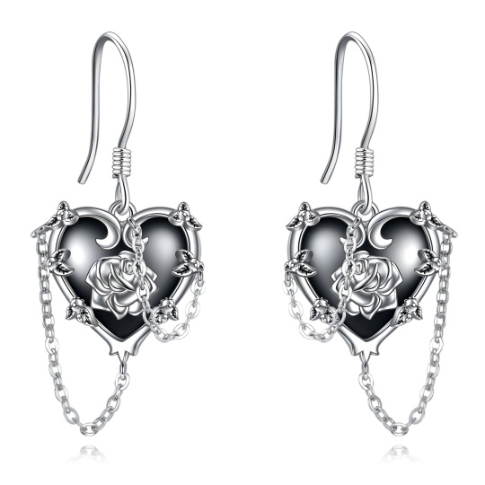 Sterling Silver Two-tone Zircon Rose & Cross & Heart & Skull Drop Earrings