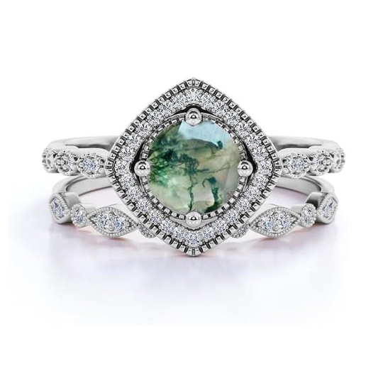 Sterling Silver with Rose Gold Plated Moss Agate Circle Engagement Ring