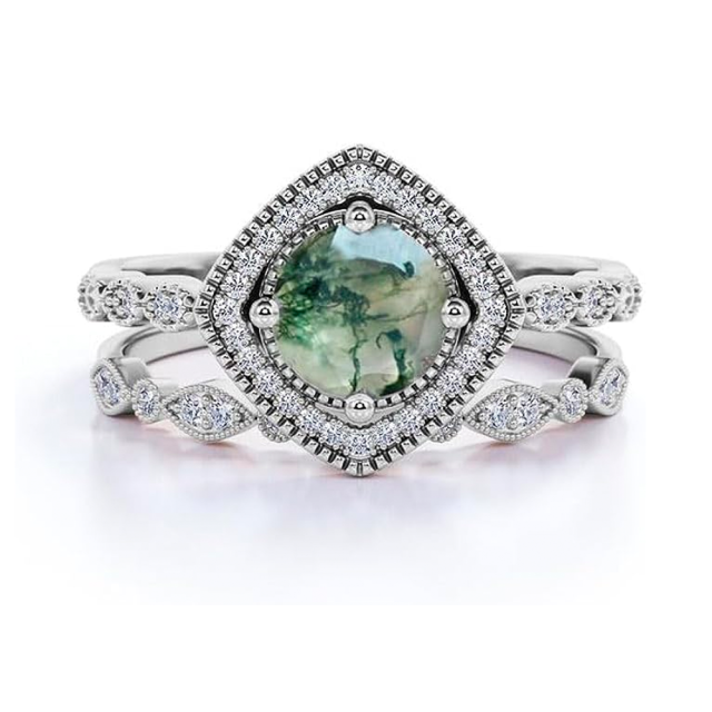 Sterling Silver with Rose Gold Plated Moss Agate Circle Engagement Ring-3