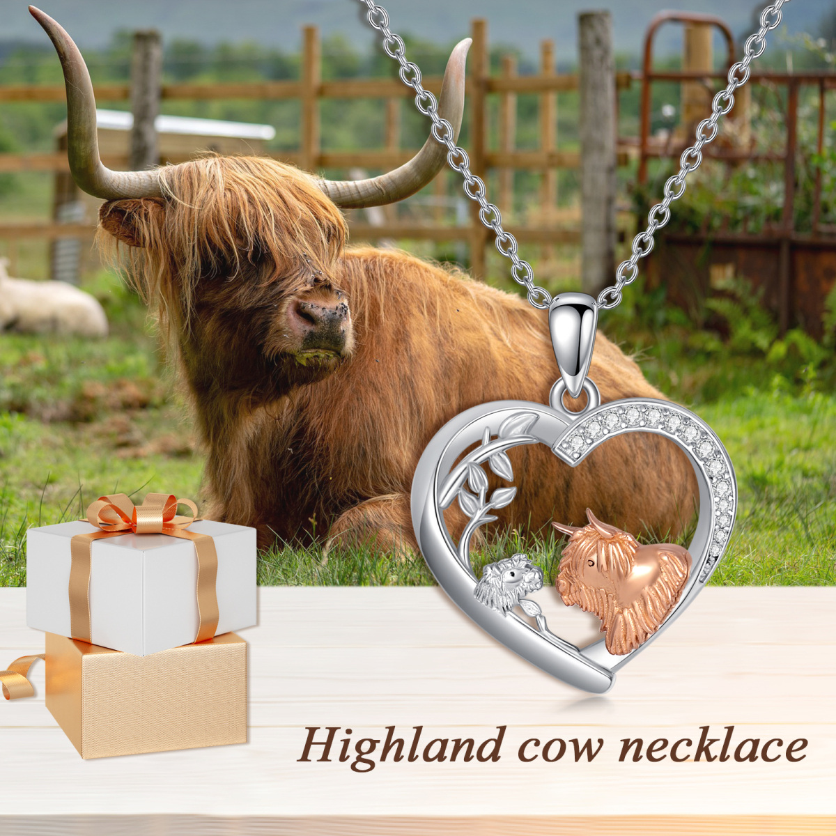 Sterling Silver Circular Shaped Cubic Zirconia Highland Cow & Heart Pendant Necklace-6