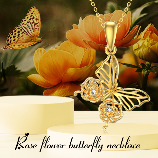 14K Gold Moissanit Schmetterling & Rose Anhänger Halskette-3