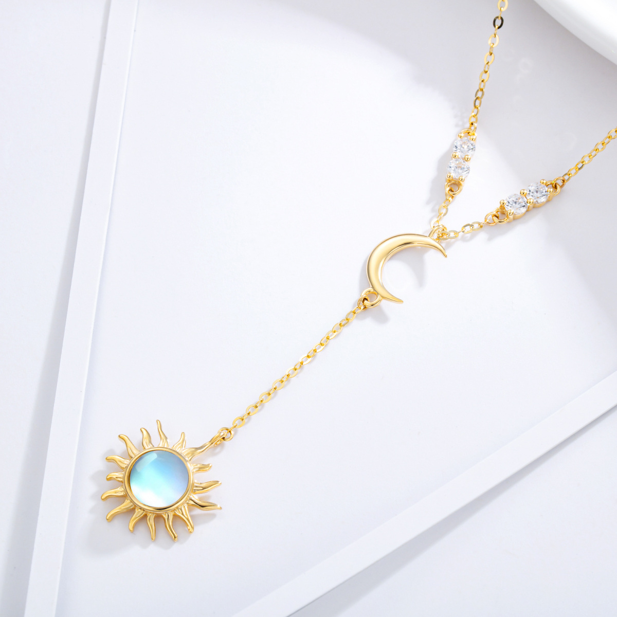 14K Gold Circular Shaped Moonstone Moon & Sun Adjustable Y Necklace-4