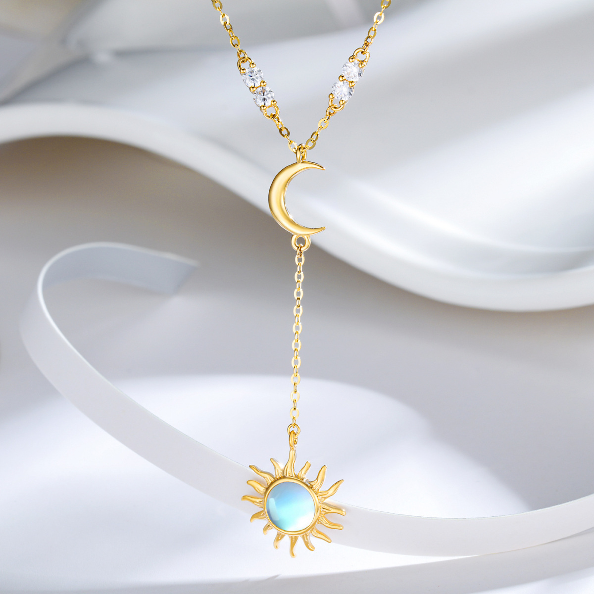 14K Gold Circular Shaped Moonstone Moon & Sun Adjustable Y Necklace-3