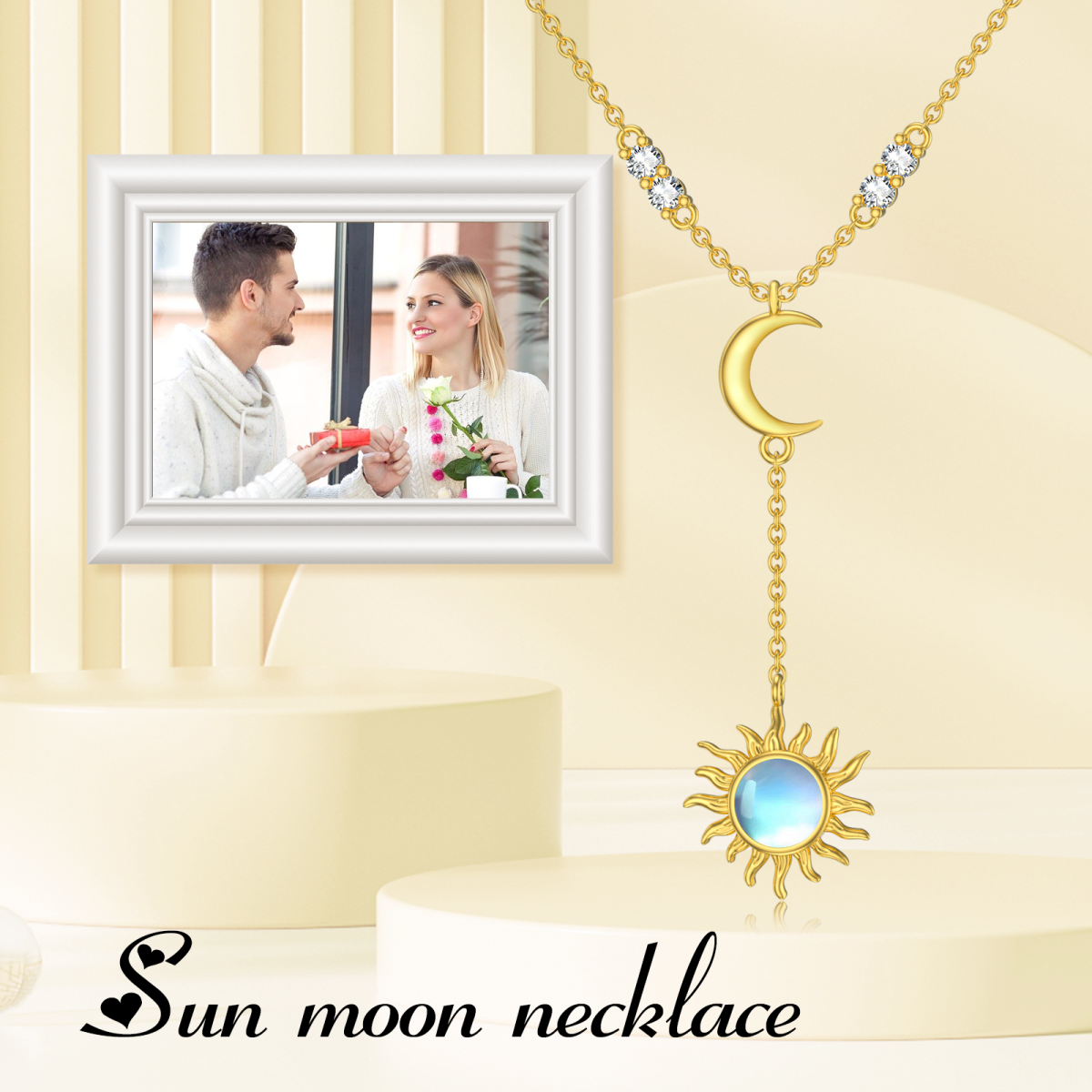 14K Gold Circular Shaped Moonstone Moon & Sun Adjustable Y Necklace-6