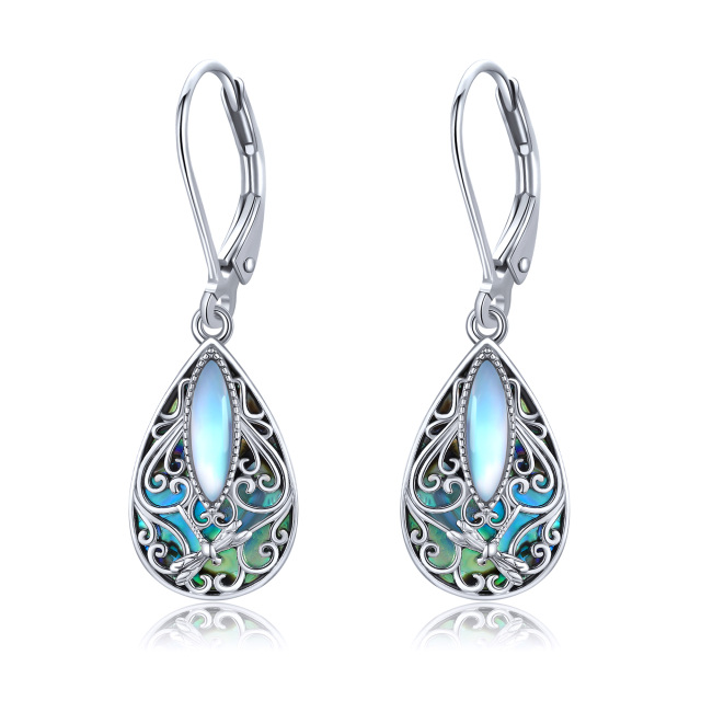 Sterling Silver Abalone Shellfish & Moonstone Dragonfly Lever-back Earrings-1