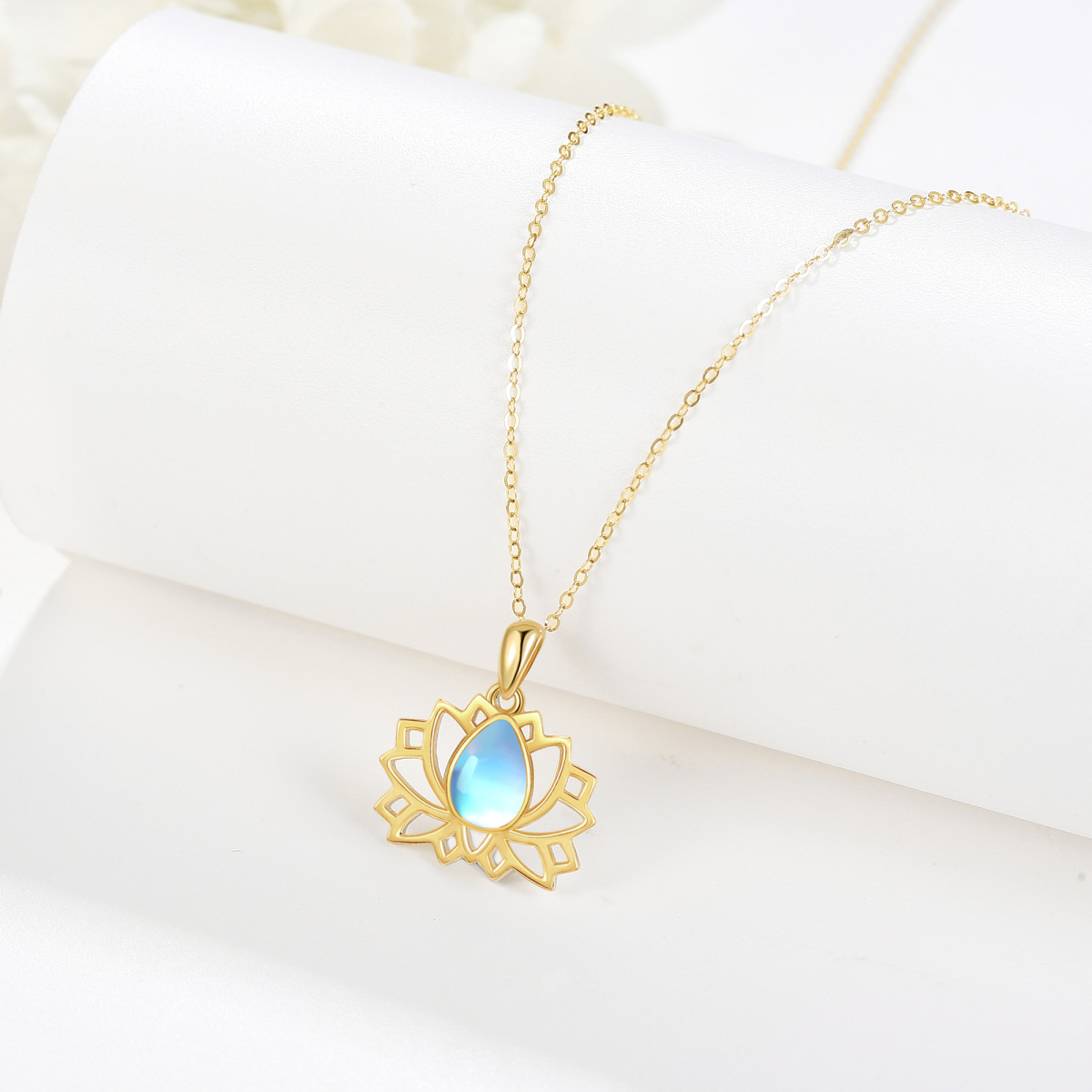 14K Gold Pear Shaped Moonstone Lotus Pendant Necklace-3