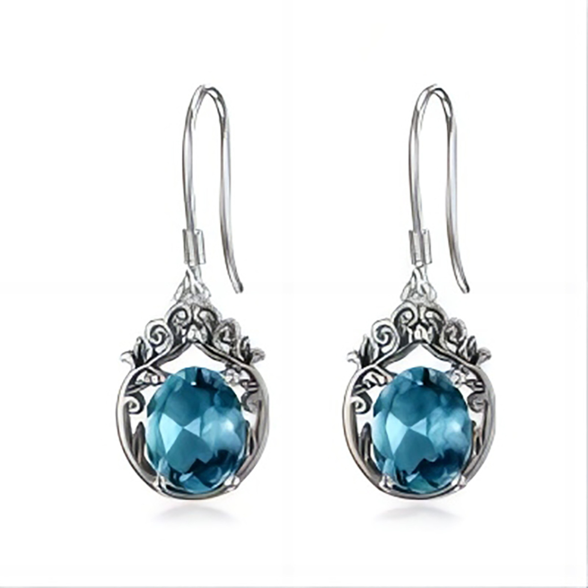 Sterling Silver Oval Shaped Topaz Filigree Drop Earrings-1