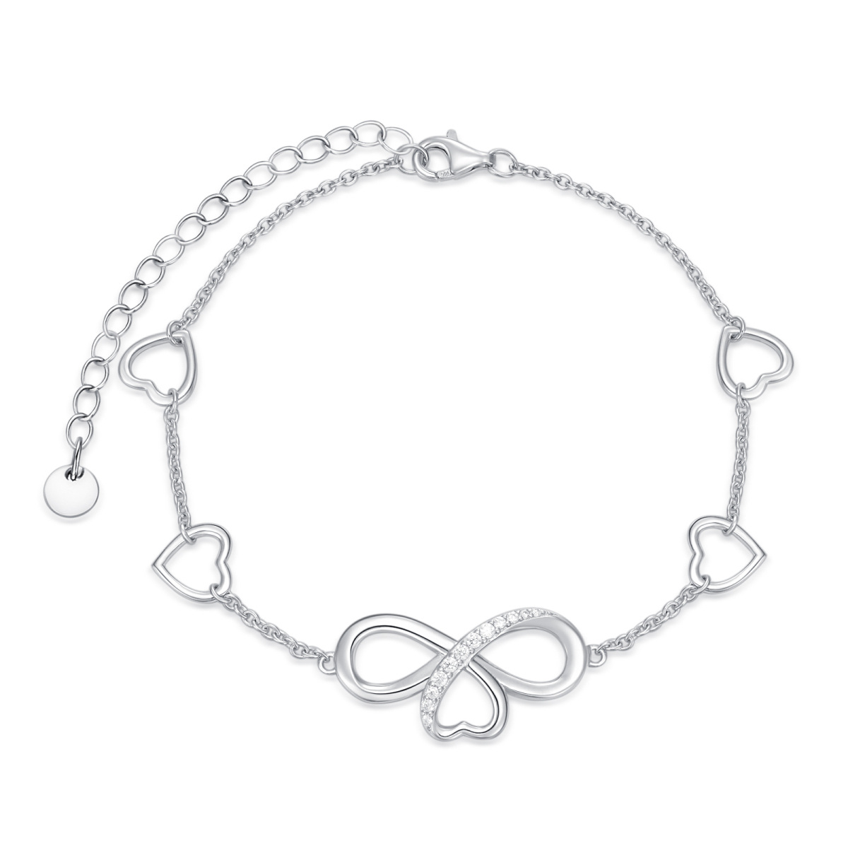 Sterling Silver Circular Shaped Cubic Zirconia Shamrock & Heart Pendant Bracelet-1