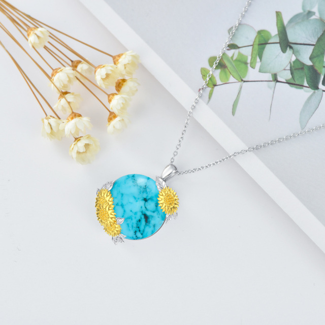 Collier en argent sterling avec pendentif tournesol en turquoise ronde bicolore-3