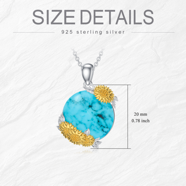 Sterling Silver Two-tone Round Turquoise Sunflower Pendant Necklace-4