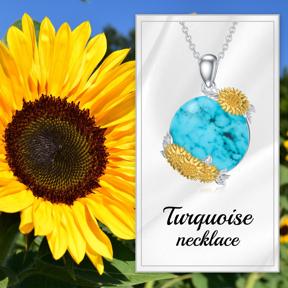 Sterling Silver Two-tone Round Turquoise Sunflower Pendant Necklace-6