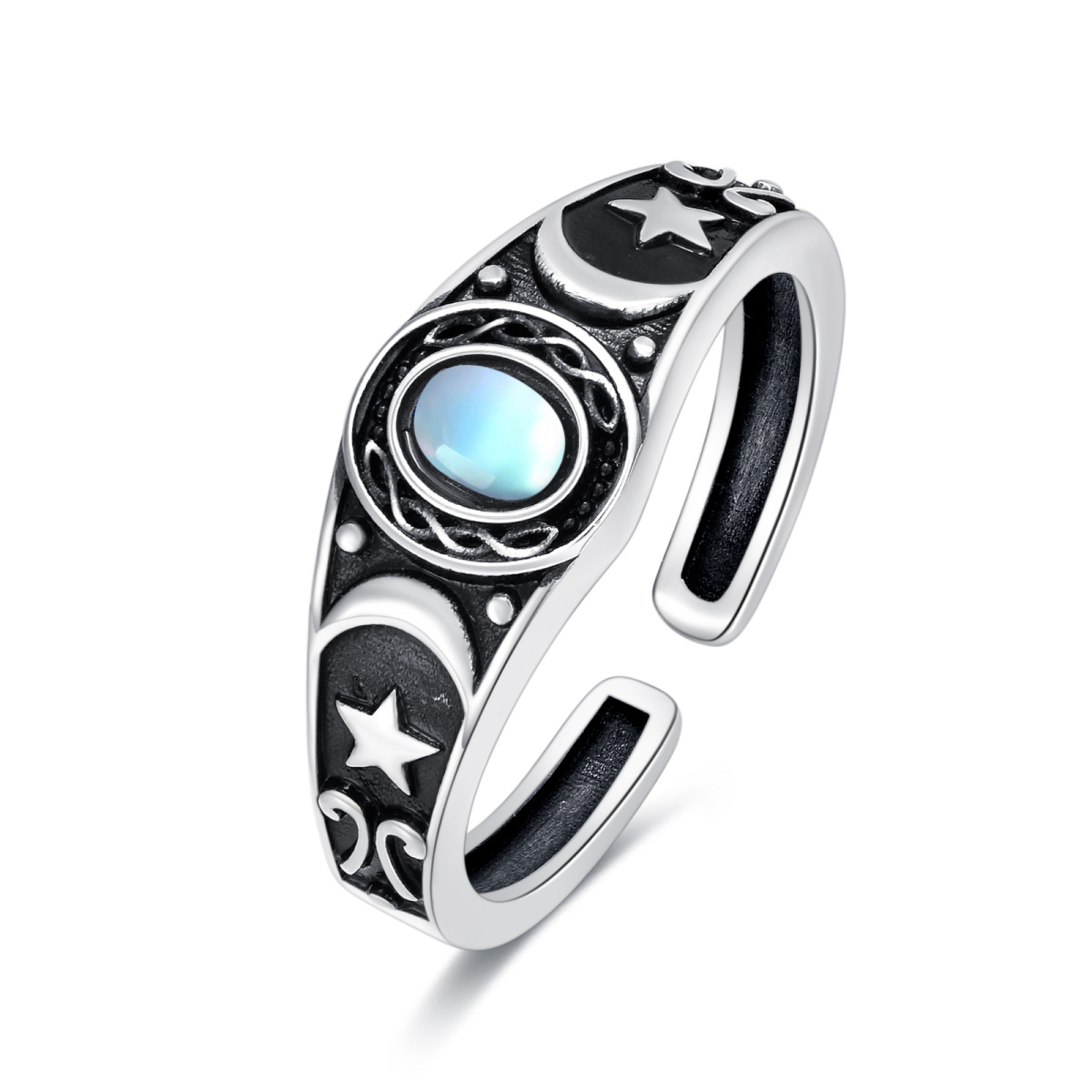 Sterling Silver Oval Moonstone Moon & Star Open Ring-1