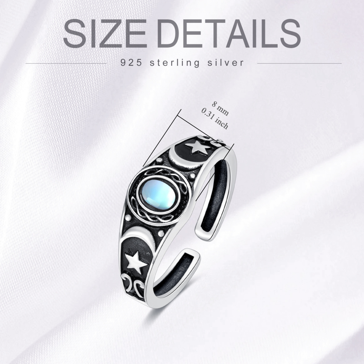 Sterling Silver Oval Moonstone Moon & Star Open Ring-5