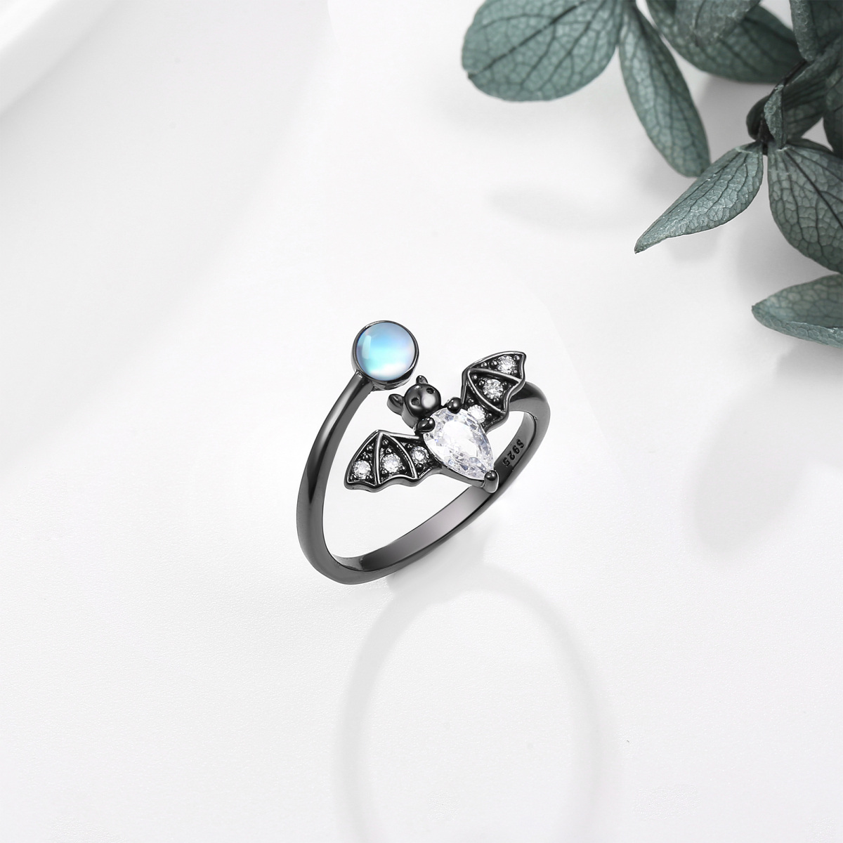 Sterling Silver with Black Rhodium Circular Shaped Moonstone Bat Open Ring-4