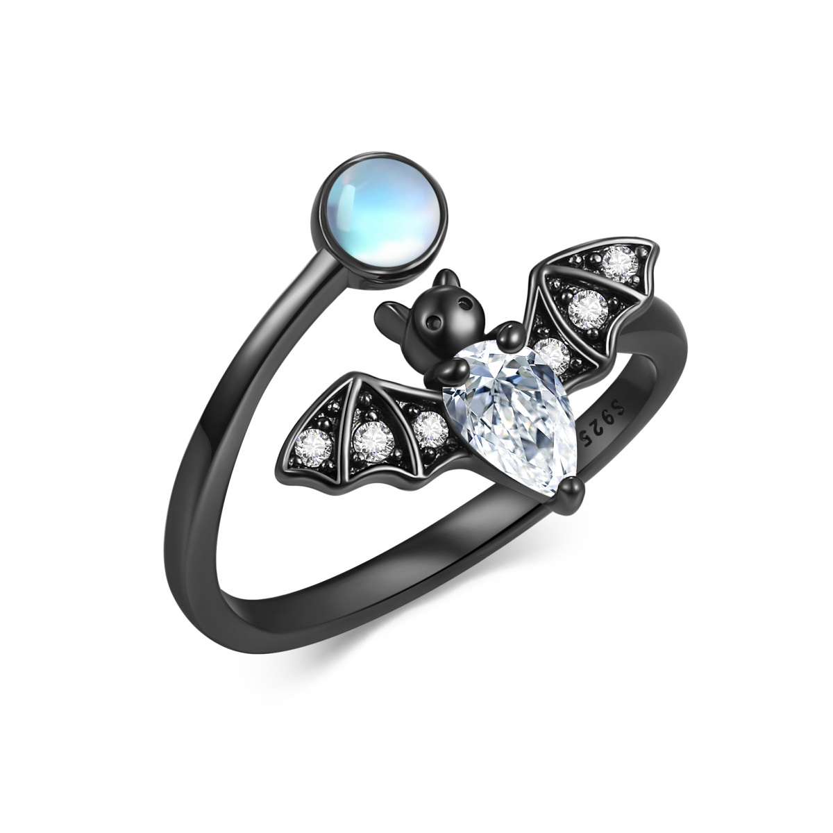 Sterling Silber mit schwarzem Rhodium kreisförmig Mondstein Fledermaus offener Ring-1