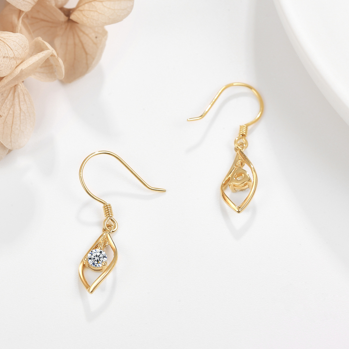 14K Gold Circular Shaped Moissanite Leaves Drop Earrings-4