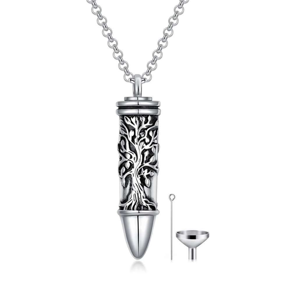 Sterling Silber Vintage Baum des Lebens & Bullet Urne Halskette für Asche-1