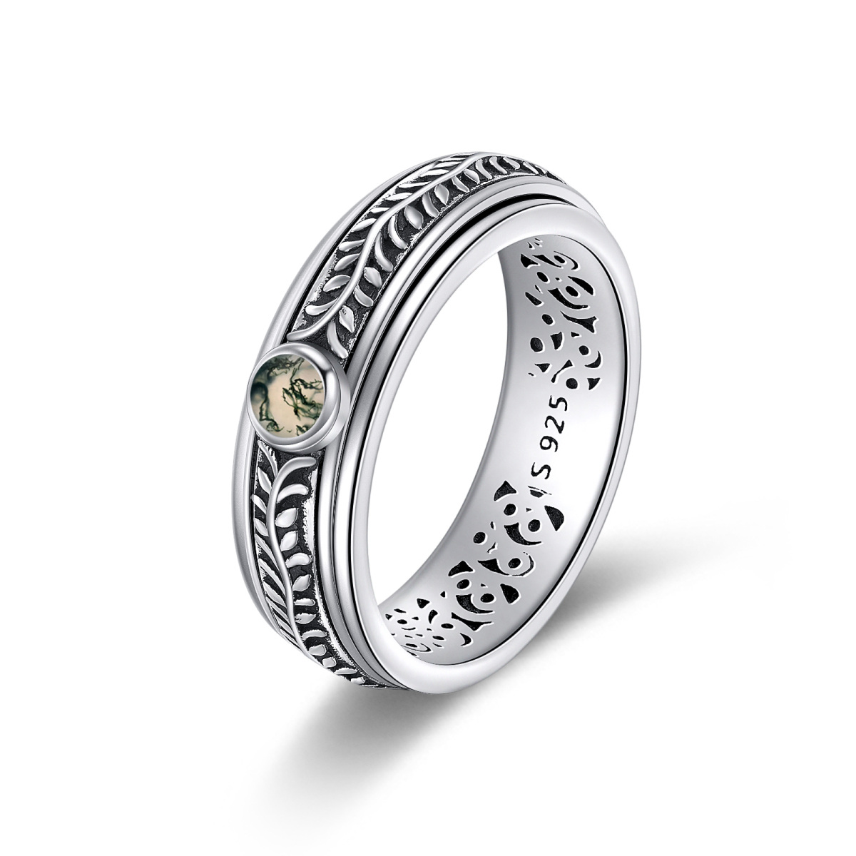 Bague en argent sterling avec feuilles d'agate moussue-1