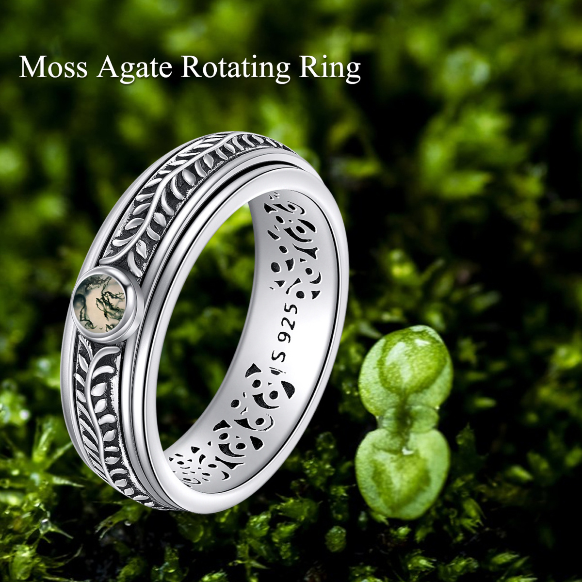 Bague en argent sterling avec feuilles d'agate moussue-4