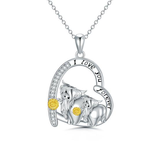 Sterling Silver Two-tone Circular Shaped Cubic Zirconia Highland Cow & Heart Pendant Necklace with Engraved Word