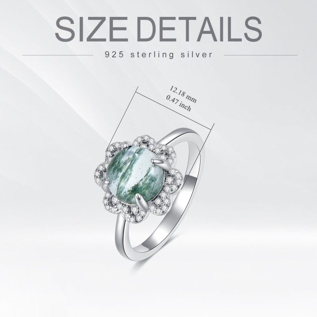 Sterling Silver Circular Shaped Cubic Zirconia & Moss Agate Couple & Round Engagement Ring-2