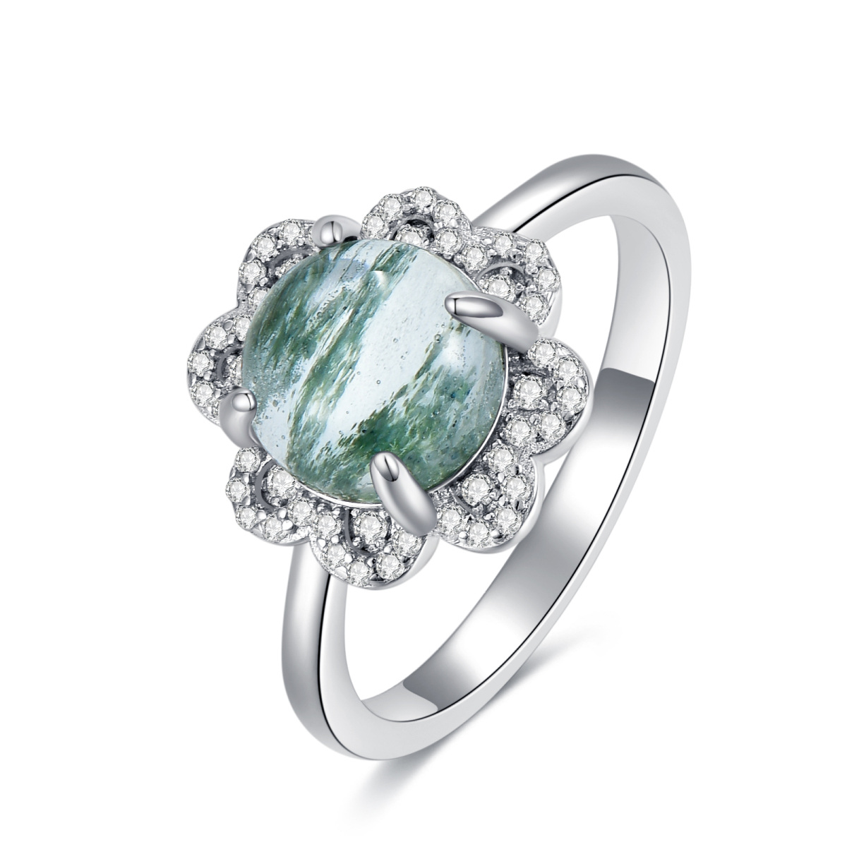 Sterling Silver Circular Shaped Cubic Zirconia & Moss Agate Couple & Round Engagement Ring-1