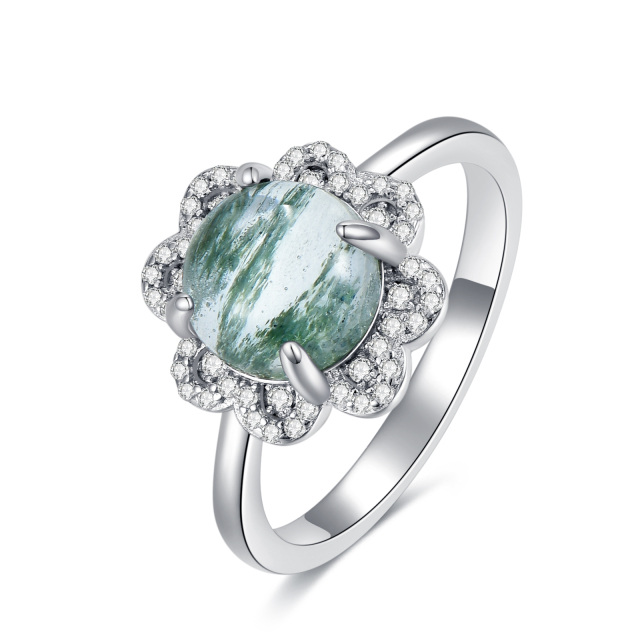 Sterling Silver Circular Shaped Cubic Zirconia & Moss Agate Couple & Round Engagement Ring-0