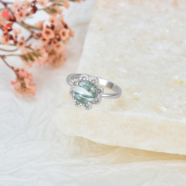 Sterling Silver Circular Shaped Cubic Zirconia & Moss Agate Couple & Round Engagement Ring-3