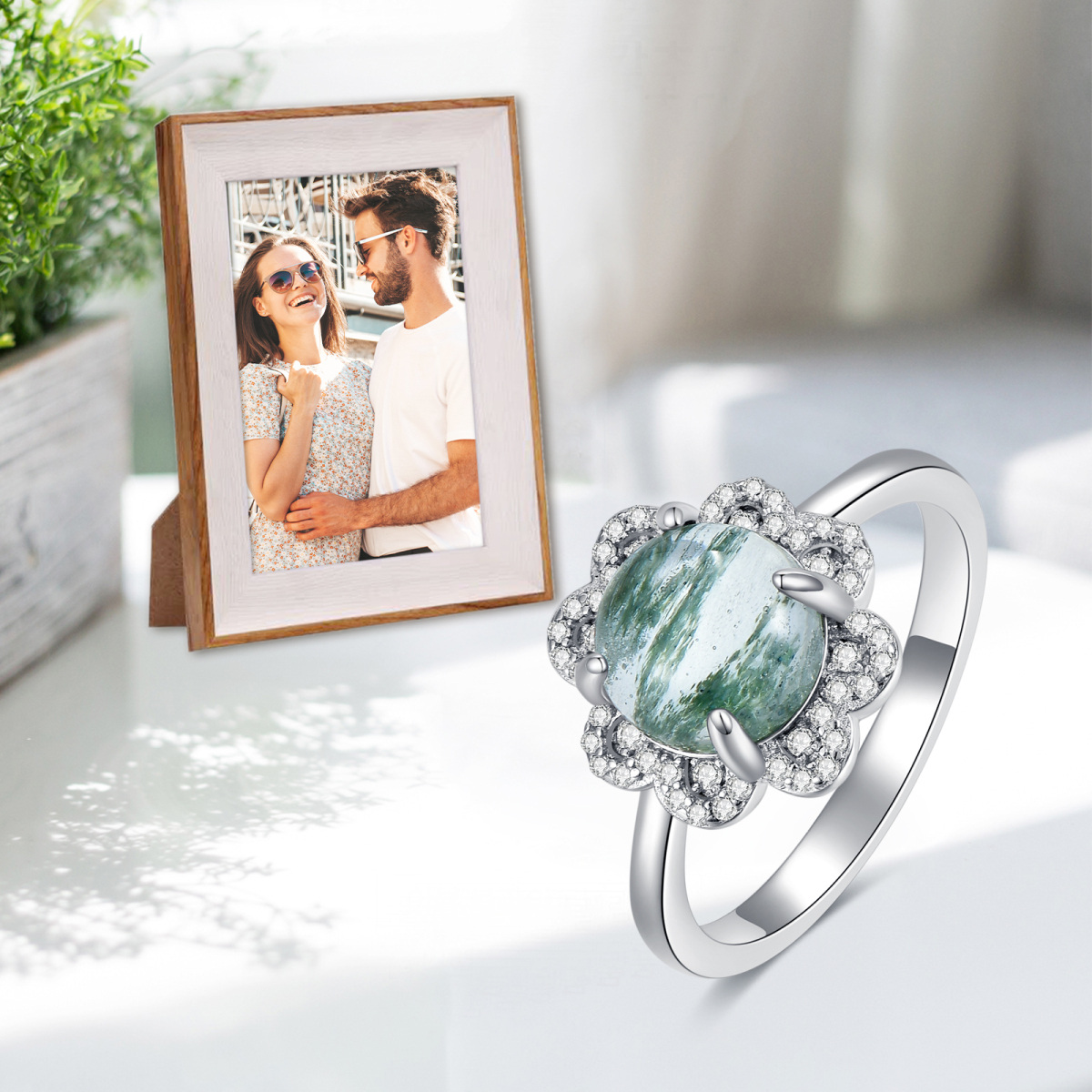 Sterling Silver Circular Shaped Cubic Zirconia & Moss Agate Couple & Round Engagement Ring-6