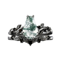 wholesale 925 Sterling Silver Moss Agate Kite Cut Leaf Vine Wedding Ring Set Black Onyx-US # 4