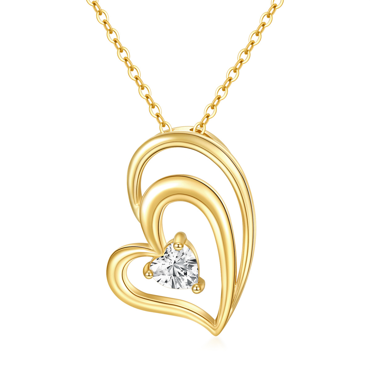 Collier pendentif coeur en forme de coeur en or 14 carats avec zircone cubique-1