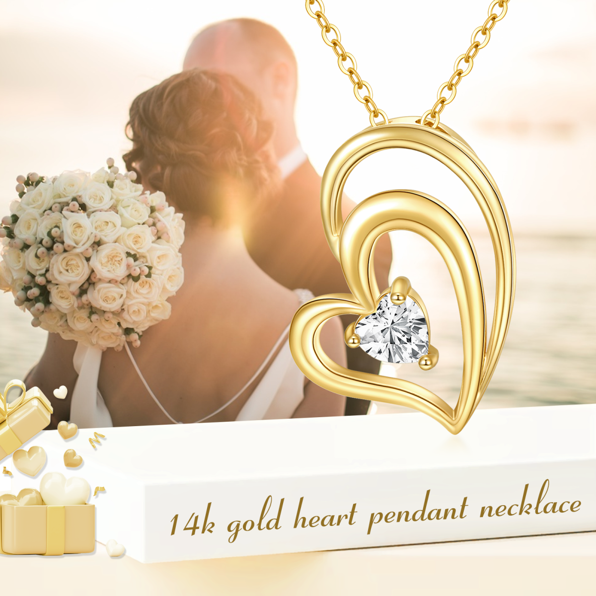 Collier pendentif coeur en forme de coeur en or 14 carats avec zircone cubique-6