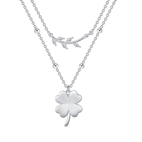 Collana a strati in argento sterling con zirconi cubici a forma di marquise e quadrifoglio