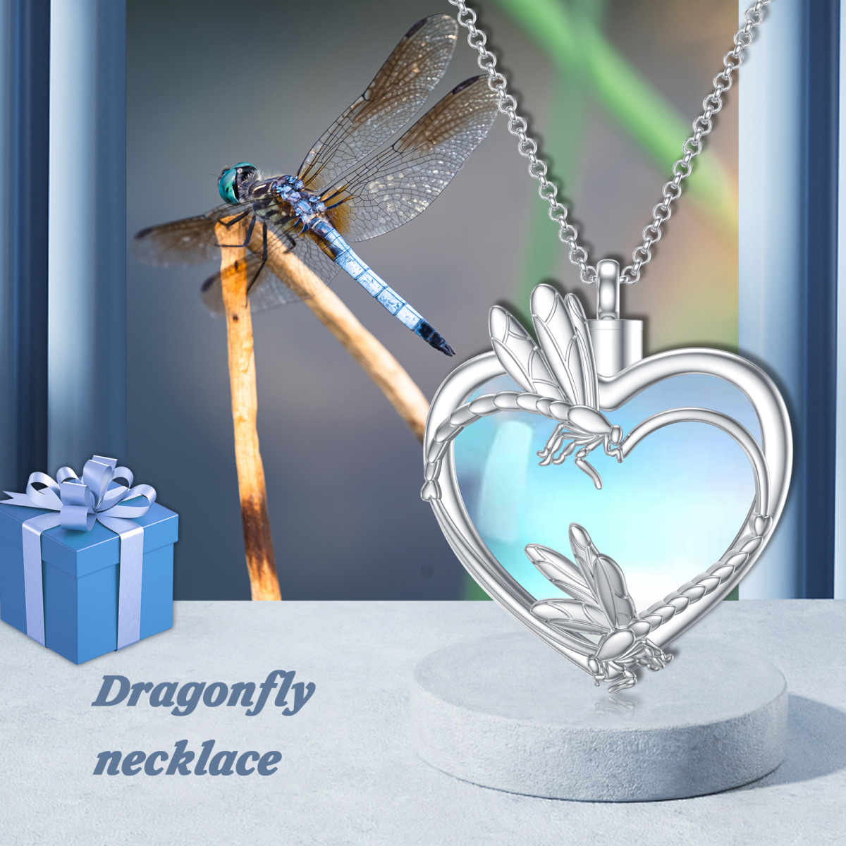 Sterling Silver Heart Moonstone Dragonfly & Heart Urn Necklace for Ashes-6