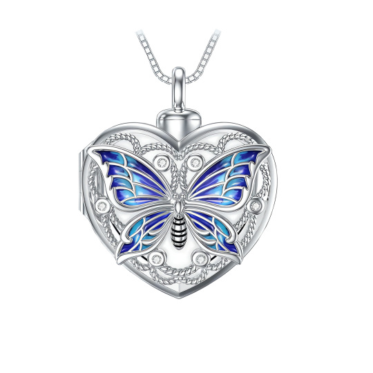 Colar de prata esterlina com zircónio cúbico e coração de borboleta para urna de cremação com fotografia personalizada para cinzas