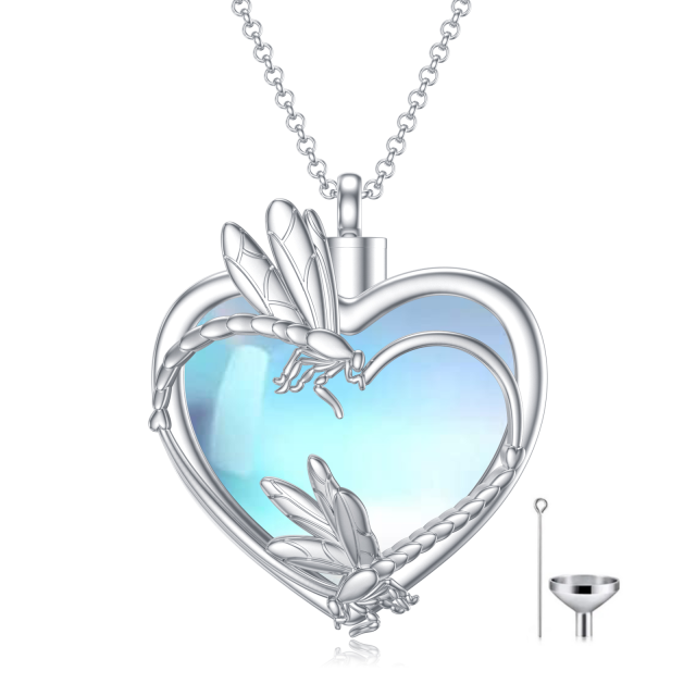 Collier en argent sterling avec libellule en pierre de lune et urne en forme de coeur-0