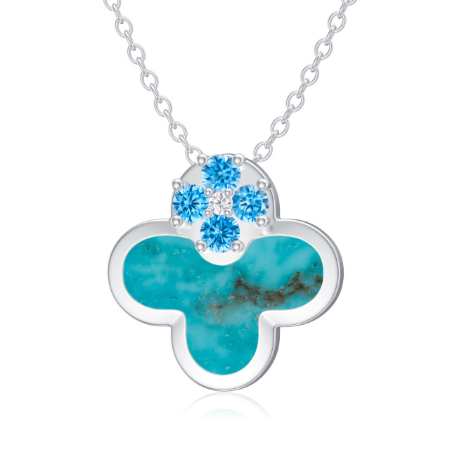 Sterling Silver Cubic Zirconia & Turquoise Four Leaf Clover Pendant Necklace-3