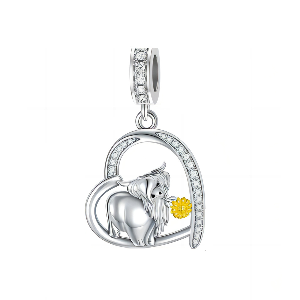Sterling Silver Two-tone Circular Shaped Zircon Highland Cow & Heart Dangle Charm-1