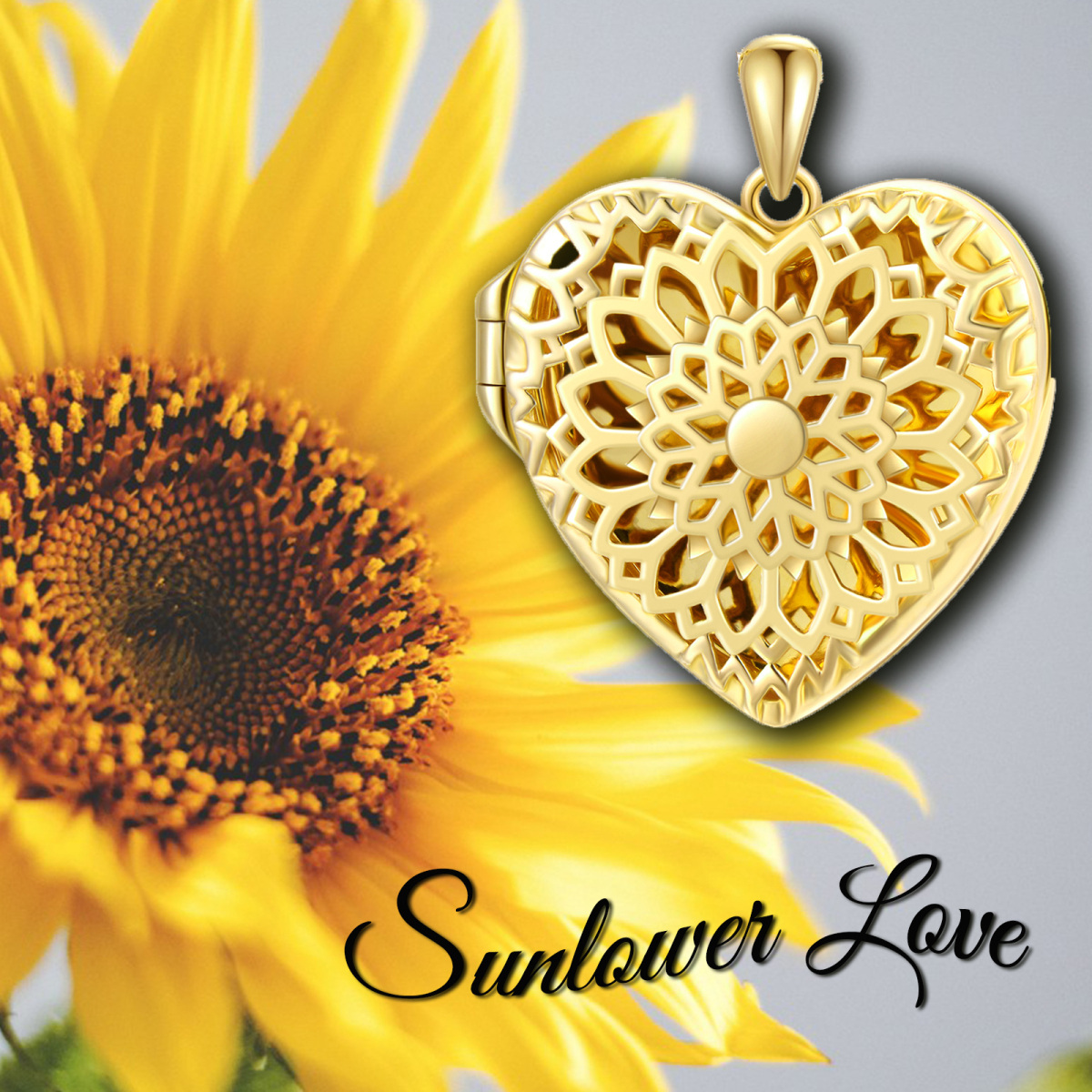 10K Gold Sonnenblume & Herz Personalisierte Foto Medaillon Halskette-7