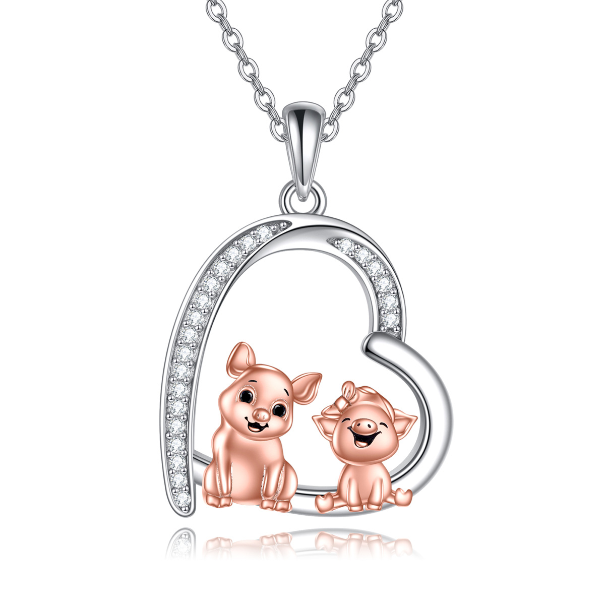 Sterling Silver Two-tone Cubic Zirconia Two Pigs & Heart Pendant Necklace-1