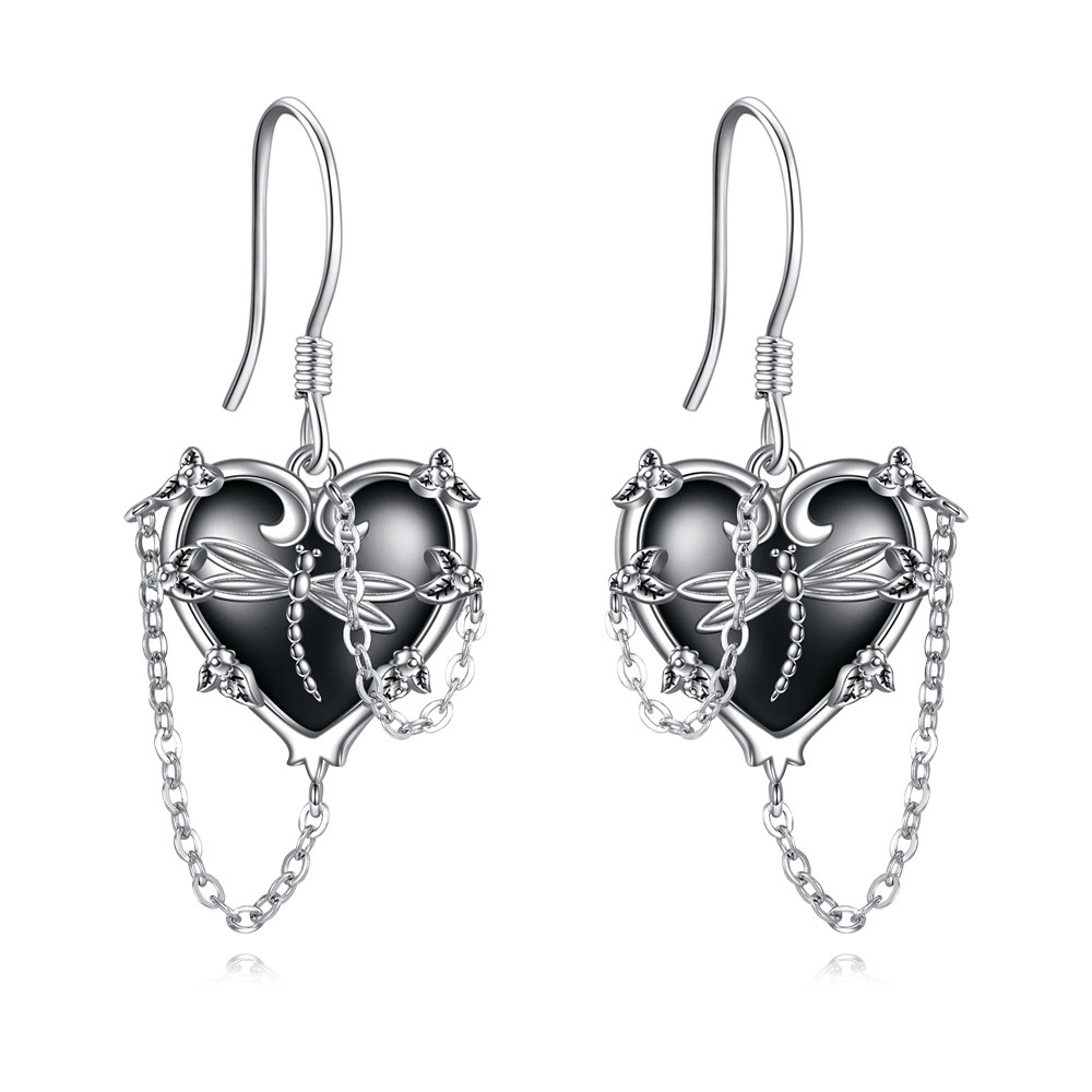 Sterling Silver with Black Rhodium Dragonfly & Heart Drop Earrings-1