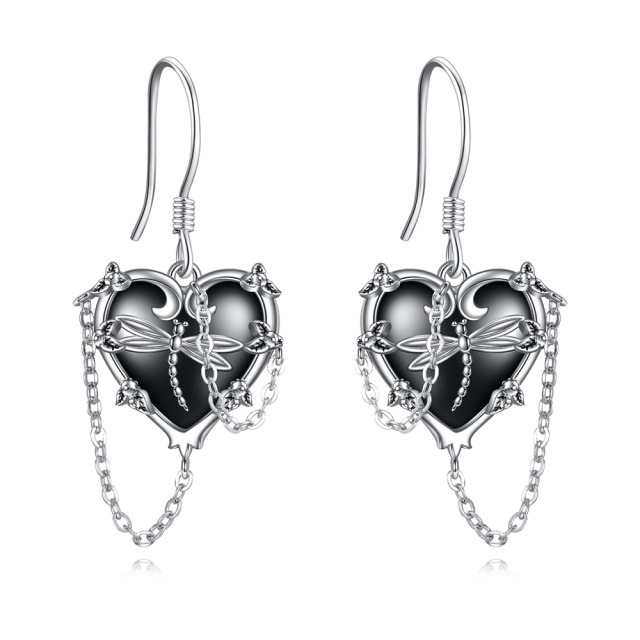 Sterling Silver with Black Rhodium Dragonfly & Heart Drop Earrings-0