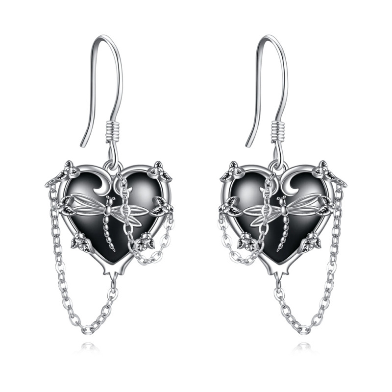 Sterling Silver with Black Rhodium Dragonfly & Heart Drop Earrings