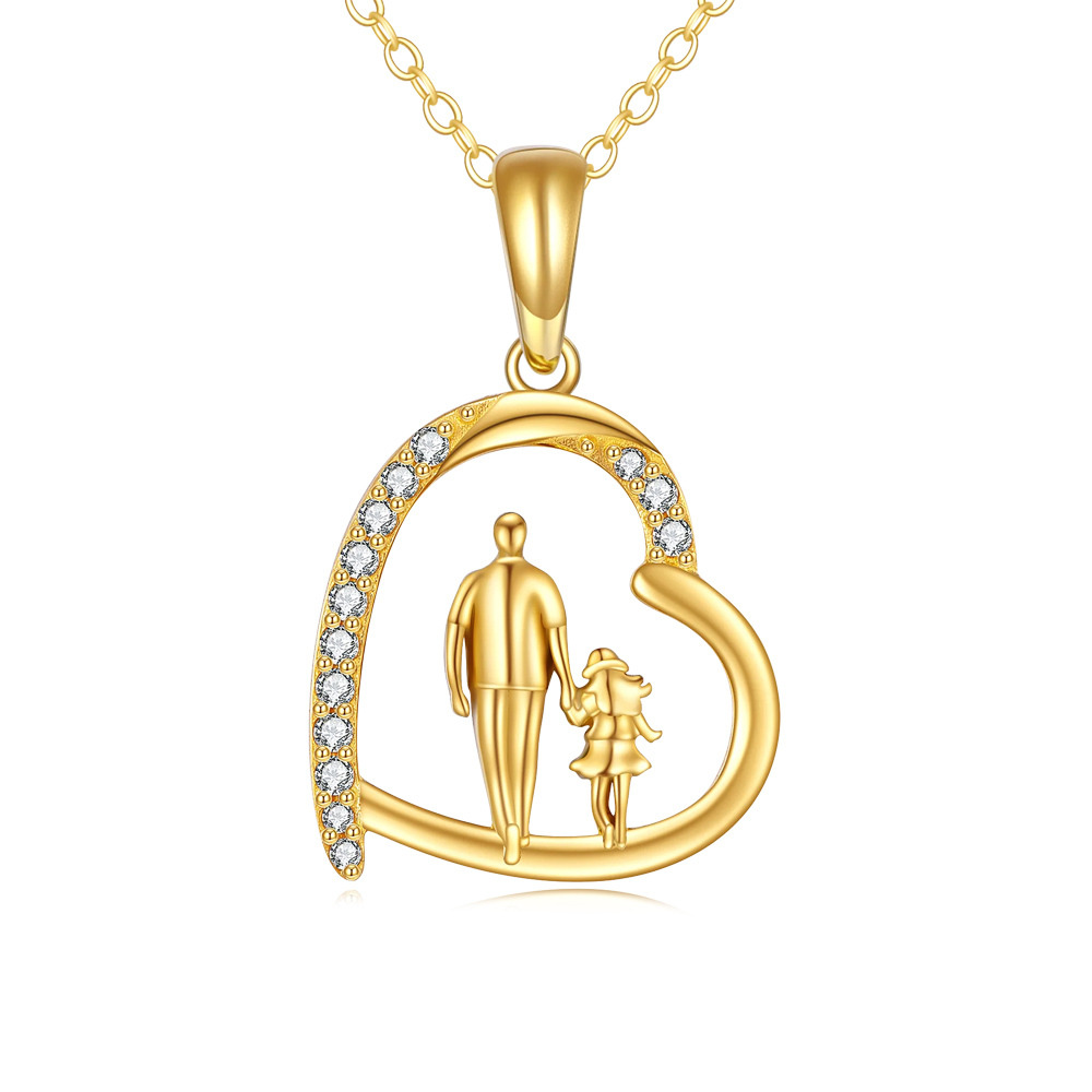 14K Gold Cubic Zirconia Father Holding Daughter Heart Pendant Necklace-1