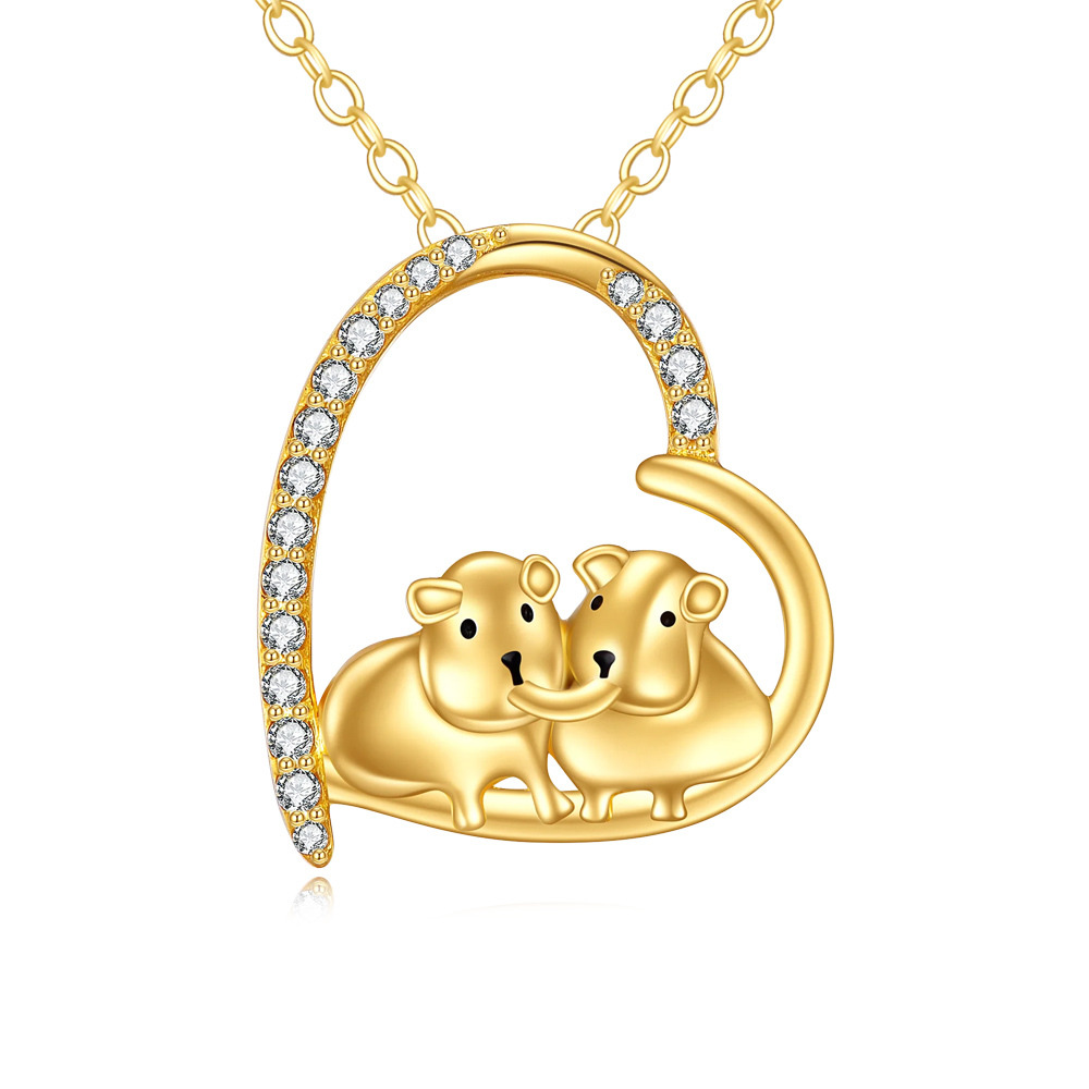 14K Gold Cubic Zirconia Guinea Pig & Heart Pendant Necklace-1