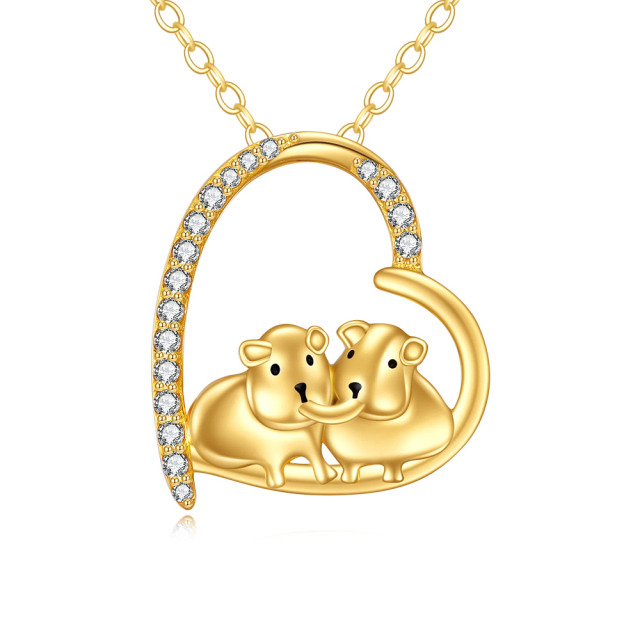 14K Gold Cubic Zirkonia Meerschweinchen & Herz-Anhänger Halskette-0
