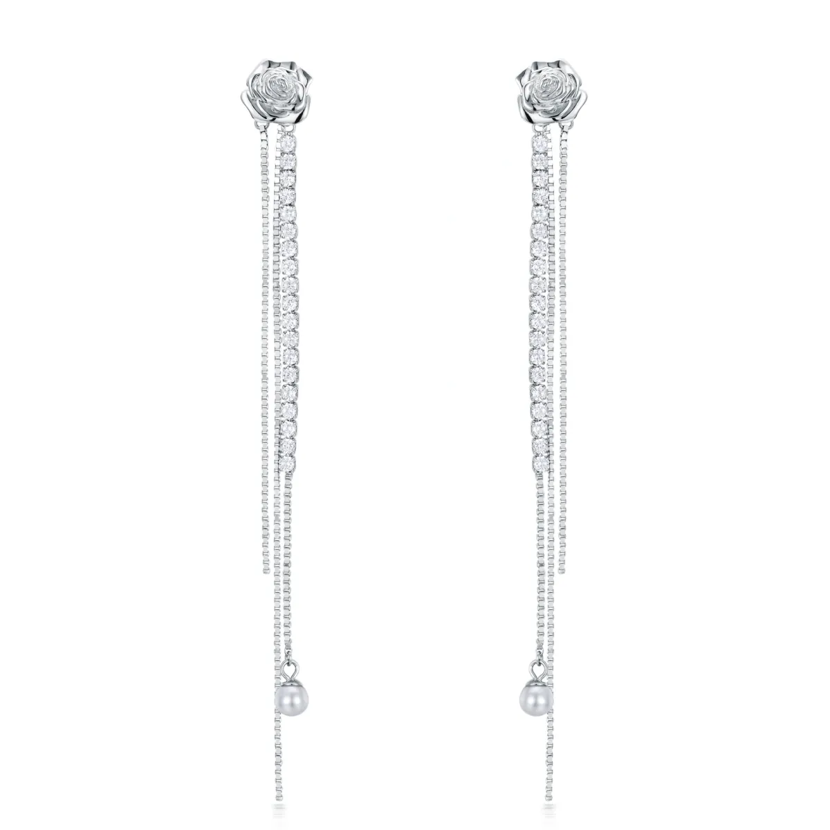 Sterling Silver Circular Shaped Cubic Zirconia Rose Drop Earrings-1