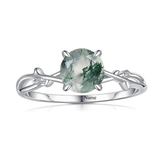 10K White Gold Circular Moss Agate Personalized Classic Name Ring